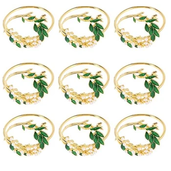 9Pcs Servetėlių Žiedas Golden Pearl Gėlių Servetėlių Žiedai Metaliniai Servetėlių Laikiklis Vestuves Vakarienės Stalo Apdailos