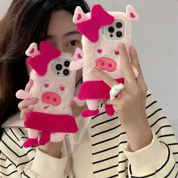 Mielas 3D Baleto Piggy Pliušinis Telefono dėklas skirtas IPhone 15 14 13 12 11 Pro Max Galinį Dangtelį