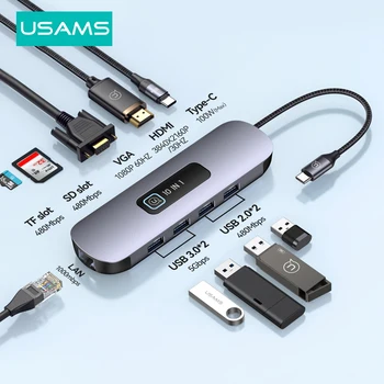USAMS USB C Hub C Tipo, kad kaip hdmi2.0 RJ45 PD 100W Įkroviklio Macbook, iPad Pro Oro PC Priedai C Tipo 3.1 Splitter USB Hub