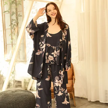 Moterų Komforto Minkšta Prarasti Viskozė Pižama Nustatyti Elegantiškas Gėlių Spausdinti 2020 M. Pavasarį Ir Rudenį Naujų Ponios Homewear Konkurso Laisvalaikio Drabužiai