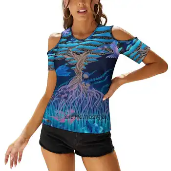 Gyvybės medis Moters Laisvalaikio Sexy Marškinėliai Vienos Pečių Jungiamąją T Marškiniai, Elegantiškas Paplūdimio Šalių Viršūnių Gyvybės Medis Akis Gamtos Gyvenimo