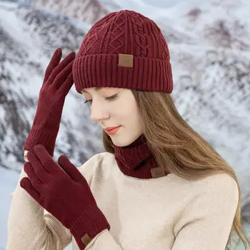 Moterų Žiemos Skrybėlę Minkštos Vilnos Pamušalu Žiemos Skrybėlę Kaklo Šaliką Touchscreen Pirštinės Nustatyti Vėjo vientisos Spalvos Kepuraitė Šiluma Stilius