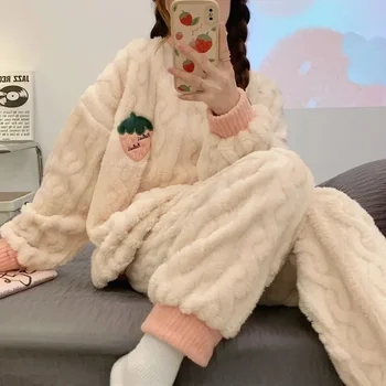 Naujas Žiemą Laikyti Šiltai Moterų Pižama ilgomis Rankovėmis Tirštėti Moterų Sleepwear Dviejų dalių Komplektas Fleece Šilti moteriški Žieminiai Pižama
