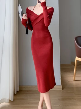 Rudens Prancūzijos Derliaus Megzti Suknelę Moterų V-Kaklo Elegantiškas Vakare Šalies Y2k Suknelė Moterų Korėjos Mados Atsitiktinis Megztinis Suknelė 2023
