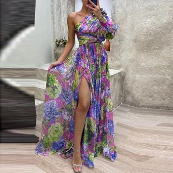 Elegantiškas Gėlių Spausdinti Plisuotos Ilga Suknelė Mados Vienos Pečių Aukšto Juosmens Vakarinę Suknelę Lady Aukštos Padalinta Slim Šifono Suknelė Vestido