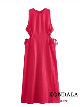 KONDALA Derliaus Elegantiškos Moterys Suknelė Raudona Kieta O-Kaklo Tuščiaviduriai Iš Tiesios Ilga Suknelė Nauja Mados 2023 Vestidos Vasaros Suknelė