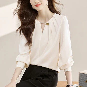 Elegantiškas Ilgą Šifono Rankovėmis Marškinėliai Moterims Korėjos Stiliaus Prabangus V Kaklo Satino Palaidinė Moterų Drabužiai 2024 Pavasario Prarasti Blusas Viršuje Mujer