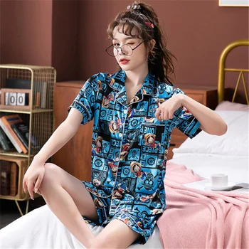 2023 Ledo Šilko Pižama Rinkinys Moterims Anime Pijama Mujer Vasaros 2Pack Sleepwear Namų Drabužius trumpomis Rankovėmis Kawaii Pyjama naktiniai drabužiai
