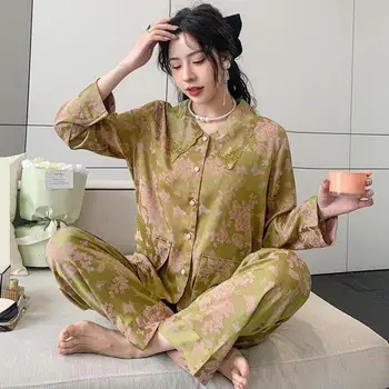 Naujas Spausdinti Pižama Nustatyti Lady Šilkiniai Satino Pyjama Moterys Ilgomis Rankovėmis Sleepwear Elastiniu Juosmeniu Kelnių Kostiumas Laisvas Spausdinti Homewear