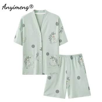 Moterų Medvilnės Pižama Nustatyti Vasaros Kimono Cardgian Pajama Mielas Triušis Spausdinti Partysu Pijamas Trumpas Rankovėmis Namų Kostiumas Mergaitėms
