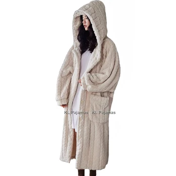 Smėlio Žakardo Kietas Flanelė Nightgowns Moterų Sleepwear Mygtuką Sleepshirt ilgomis Rankovėmis su Gobtuvu naktiniai Marškiniai su Kišenėmis