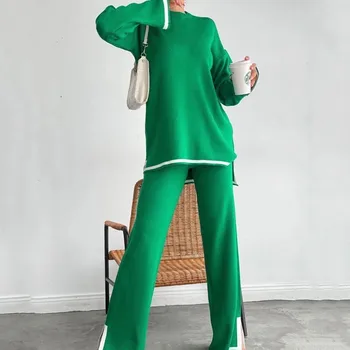 Rudenį Megzti Seksualus Sleepwear Nukentėjo Spalva Atidaryti Apvalios Kaklo Marškinėliai, Megztiniai Didelio Juosmens Pločio Kojų Kelnės Moterims Dviejų dalių Pižama Set Home